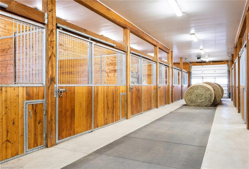 Exceptional 20 working stalls with opportunity for 5 additional stalls for a 25 stall capacity.  5 stalls presently being used for hay storage.  Tack up stalls, 2 wash bays, beautiful tack room and kitchen with gallery. Rubber mat hallways between stalls.